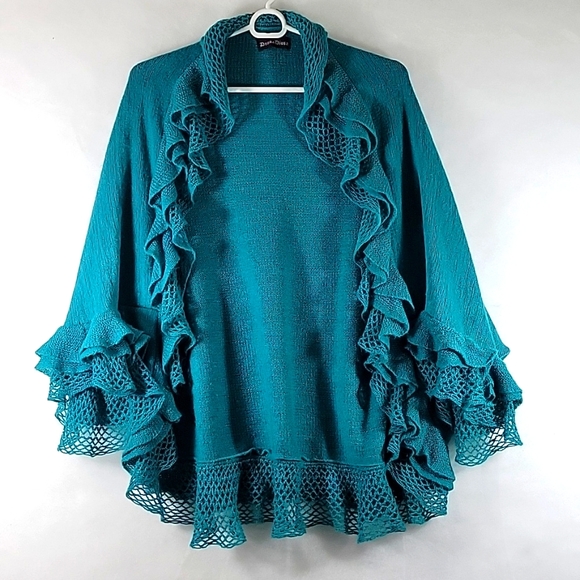 Donna Diosa Teal Layered Ruffle Knit Batwing Cardigan Sweater Size OS - Picture 1 of 8
